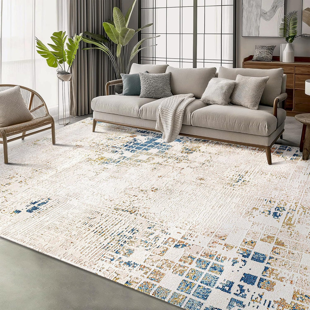 Beige and blue bohemian-style area rug by Netline Home, low pile, soft, durable, suitable for living room, bedroom, or hallway.