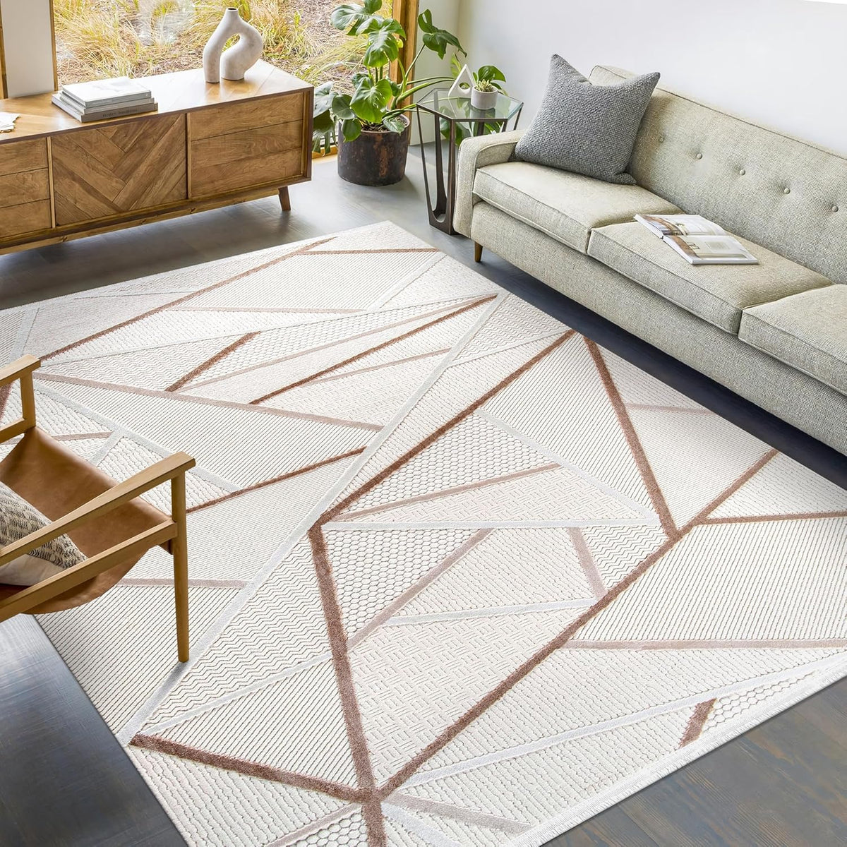 Beige and cream geometric area rug by Netline Home, soft and durable carpet suitable for living rooms, bedrooms, and hallways.