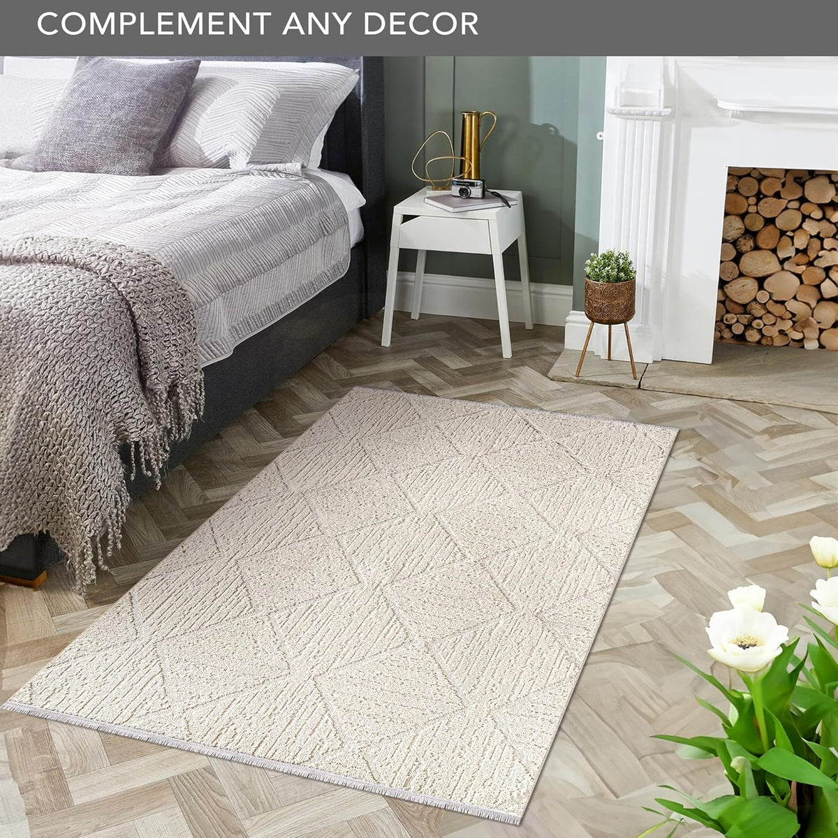 Beige fluffy area rug by Netline Home, large modern carpet for living room, bedroom, or hallway with non-shedding, shed-resistant design.