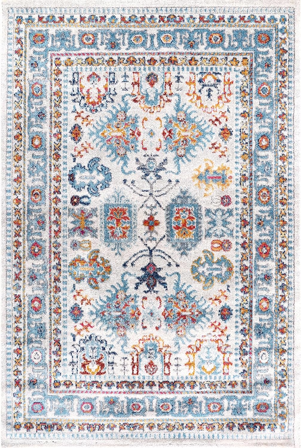 Oriental vintage rug by Netline Home in cream and blue, soft medium pile, suitable for living room, bedroom, or dining area.