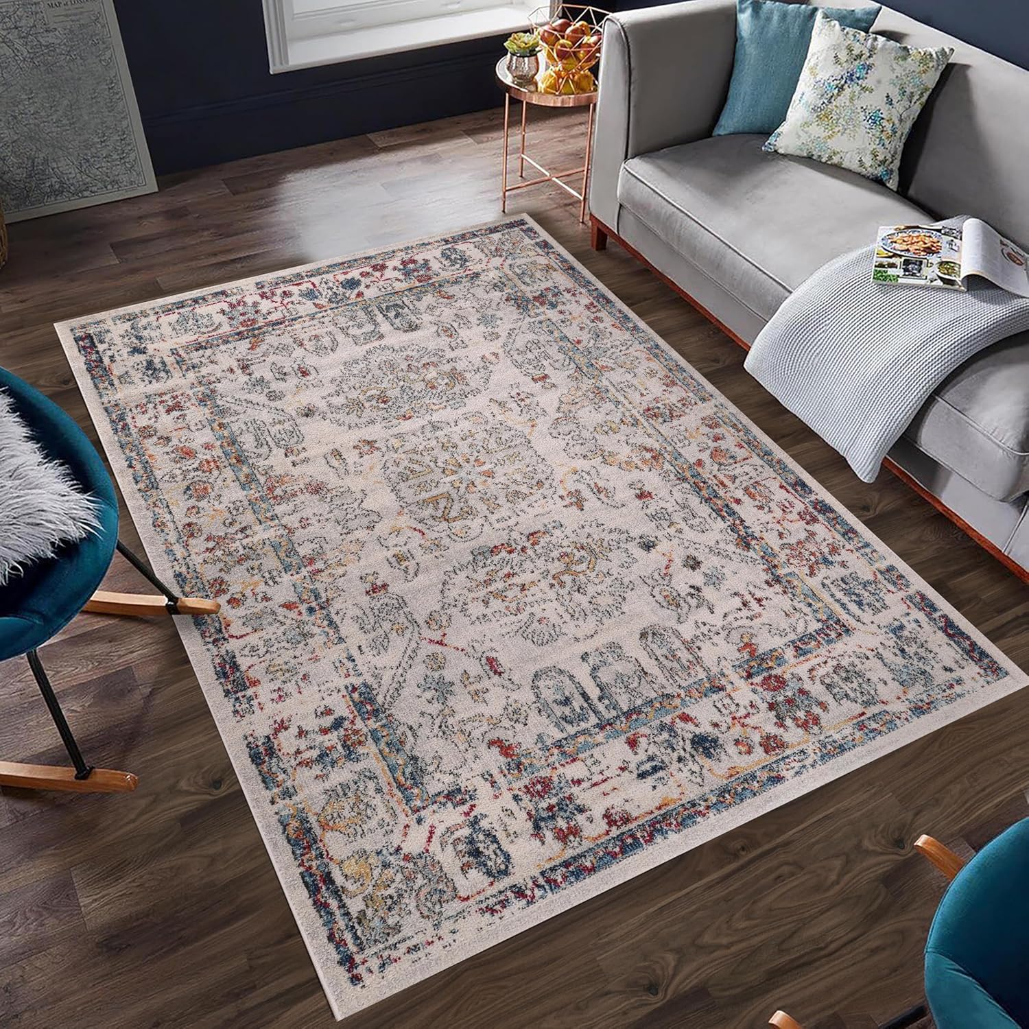 Vintage beige runner rug by Netline Home featuring a distressed medallion design, soft, durable, and pet-friendly for living spaces.