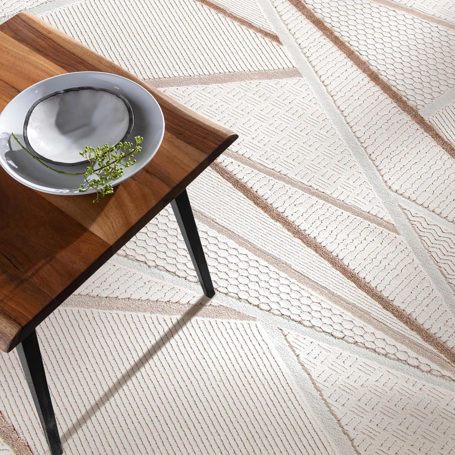Beige and cream geometric area rug for living room, bedroom, or hallway by Netline Home, soft, durable, easy to clean, pet and kid friendly.