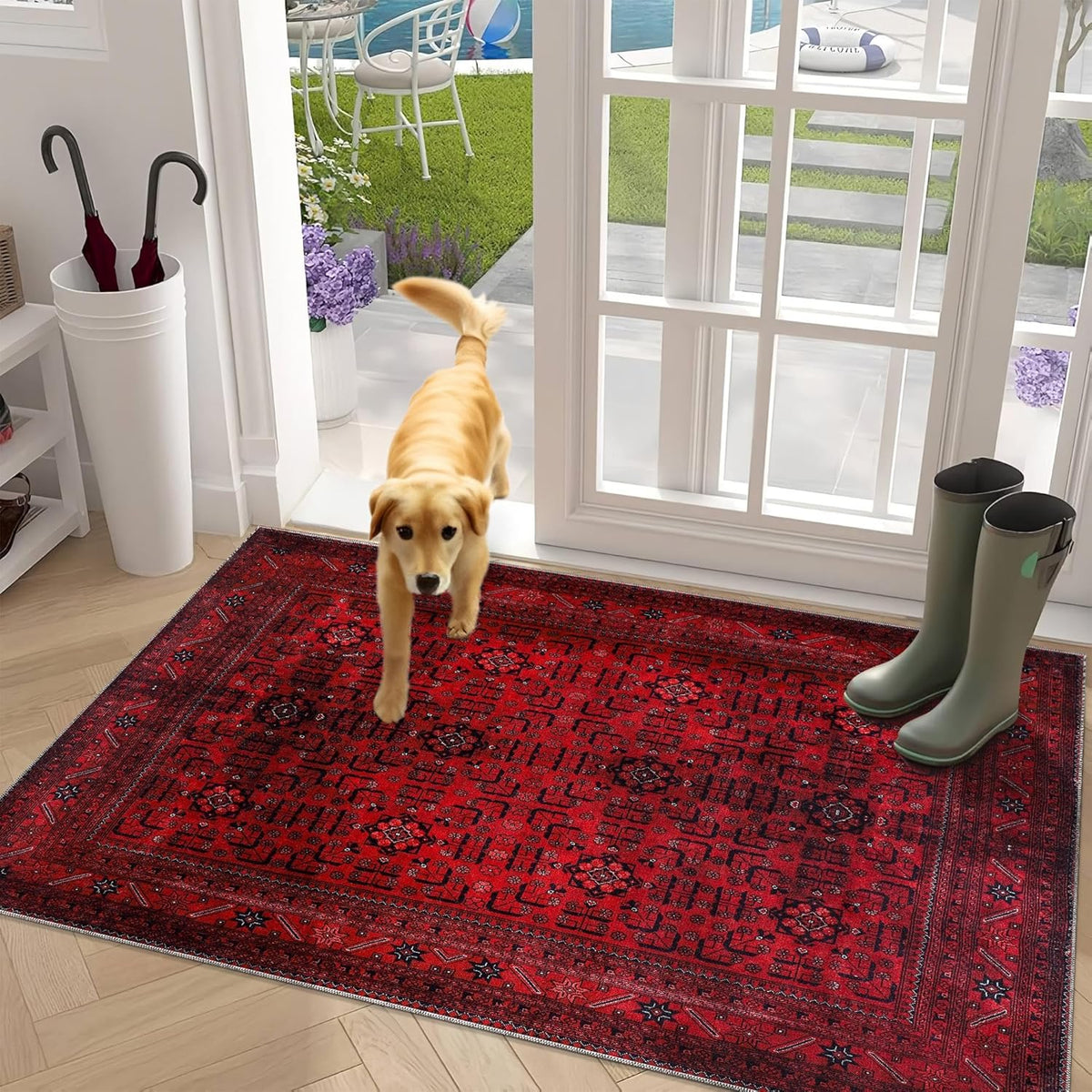 Red washable cotton area rug by Netline Home, non-slip vintage design for living room, bedroom, or kitchen, 80x150 cm.