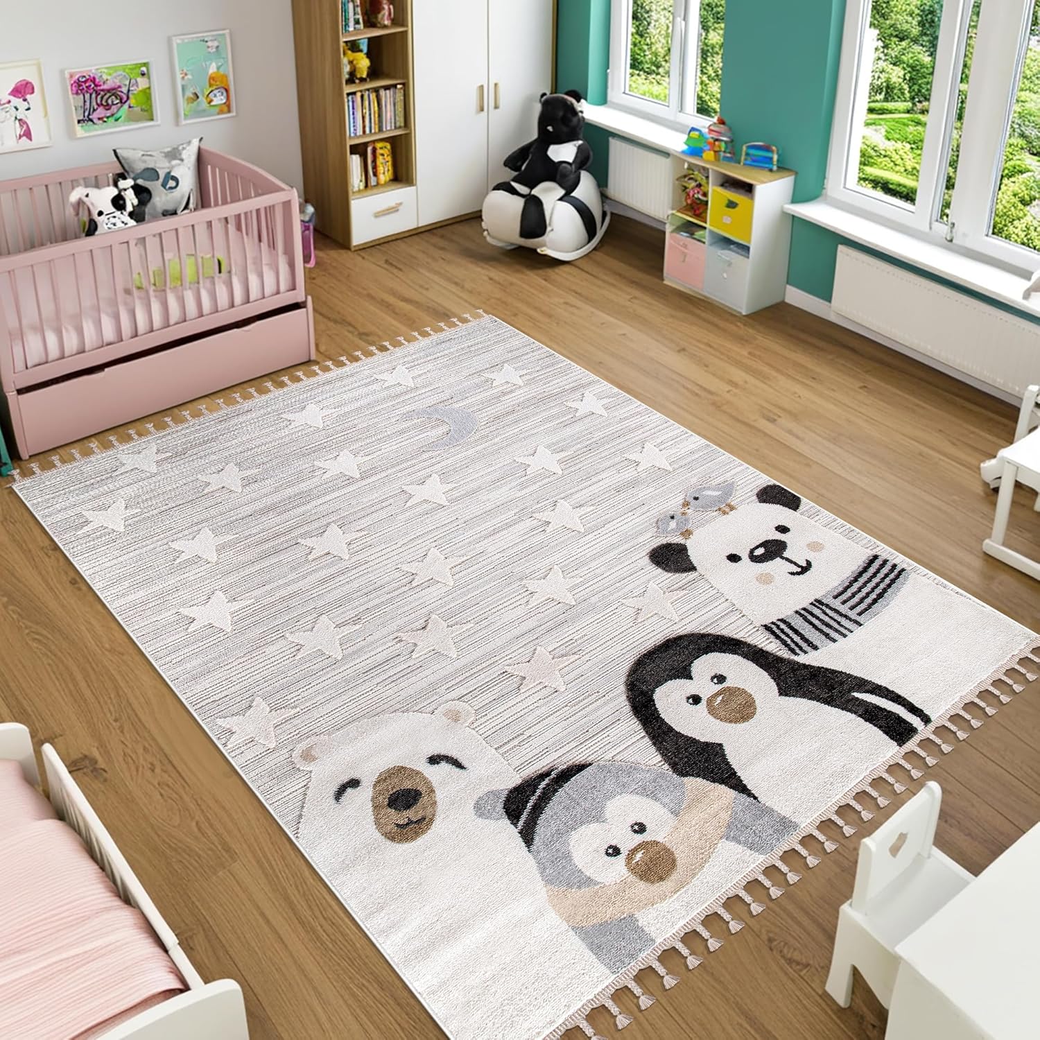 Soft gray kids rug by Netline Home with playful cartoon designs, ideal for nursery or playroom, non-shedding and durable.