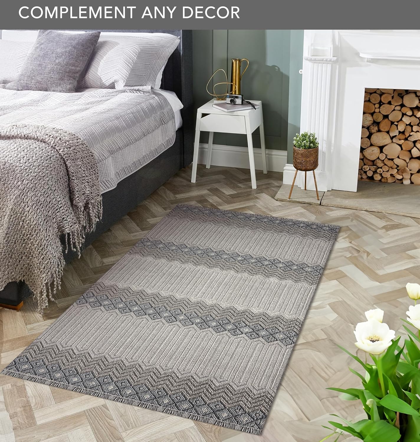 Gray and ivory modern area rug by Netline Home, 80x150 inches, stylish, durable, easy to clean, non-shedding, pet and kid friendly.