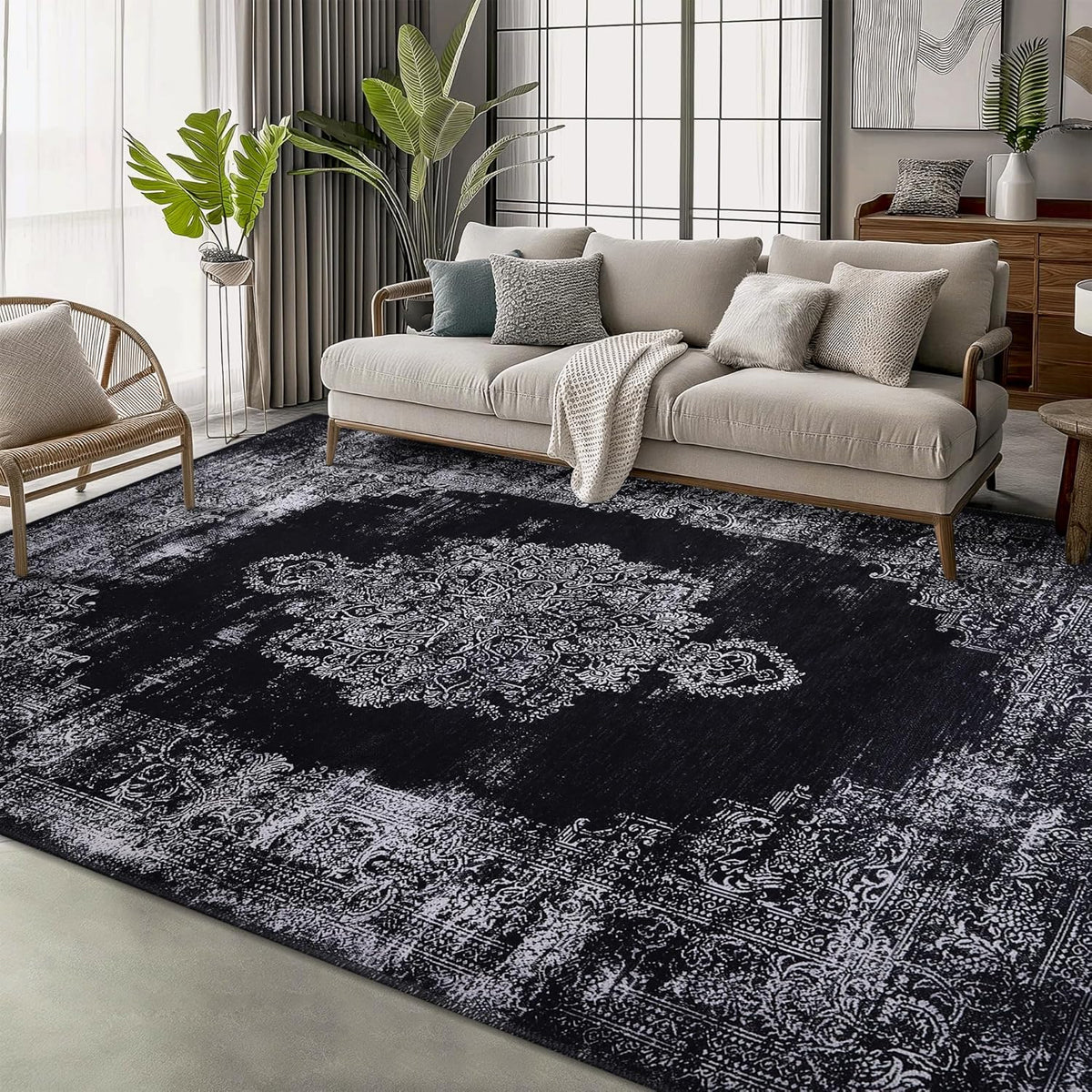 Black and gray medallion washable rug by Netline Home with intricate geometric pattern, perfect for living rooms or bedrooms.