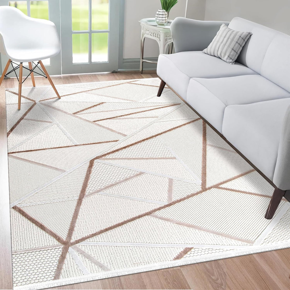 Beige and cream geometric area rug by Netline Home, soft, durable, easy-to-clean carpet suitable for living room, bedroom, or hallway.