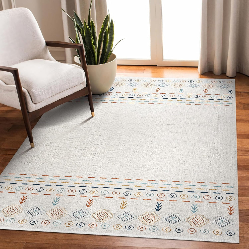 Light beige runner rug by Netline Home featuring ultra-soft, low pile micro polyester material and modern design for living rooms.