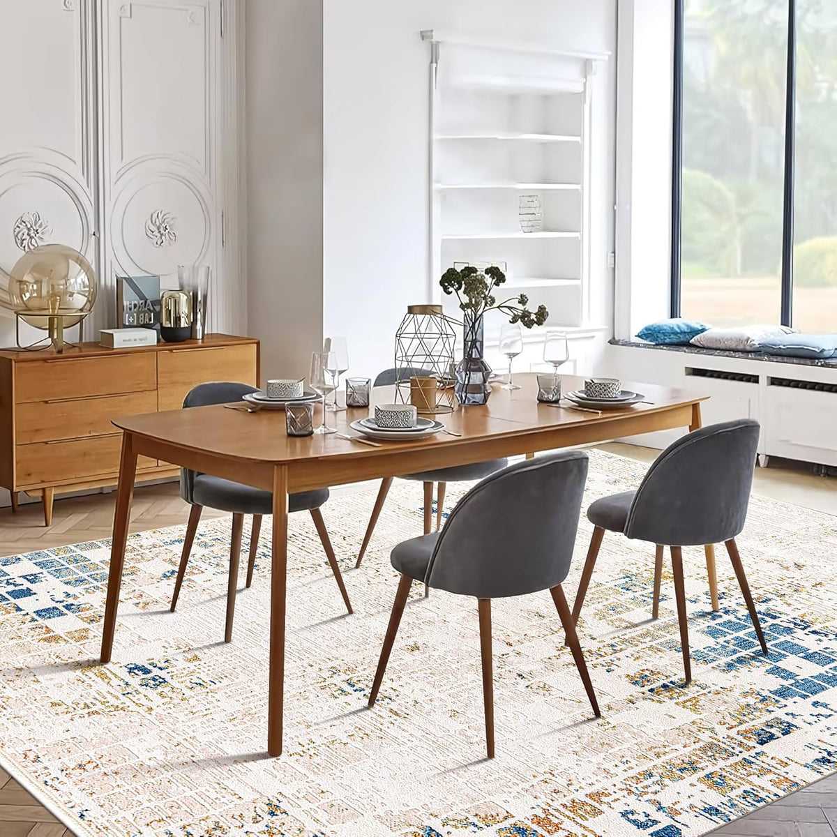 Beige and blue low pile bohemian style rug by Netline Home, perfect for living room, bedroom, or hallway, soft and durable.