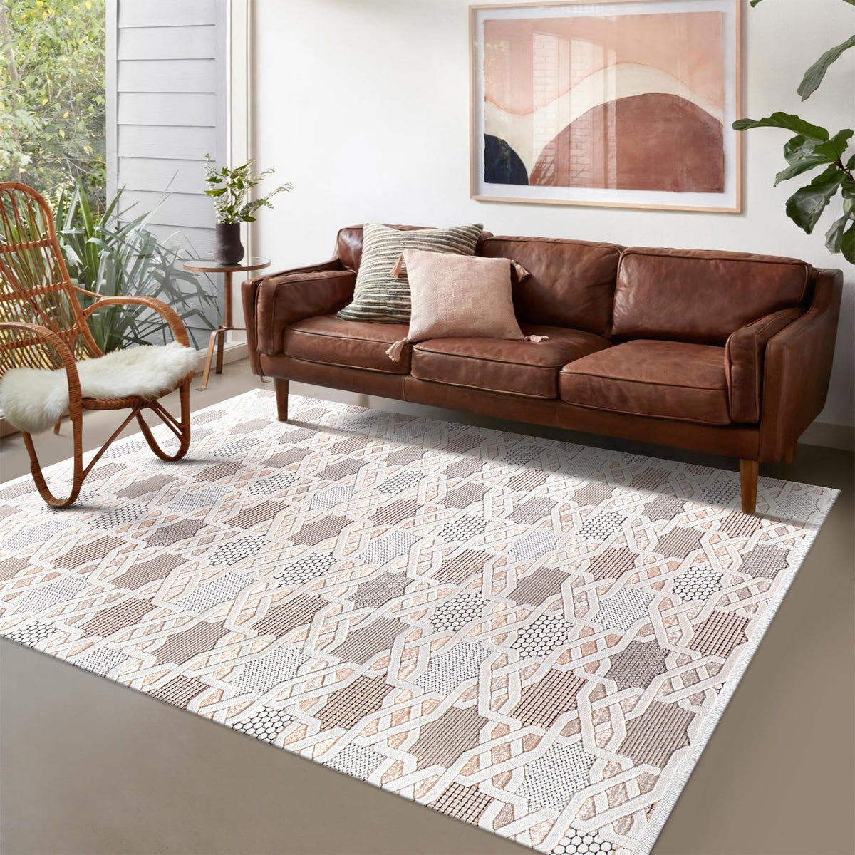 Beige and cream geometric area rug for living room, bedroom, or hallway, soft, durable, easy to clean, pet and kid friendly.
