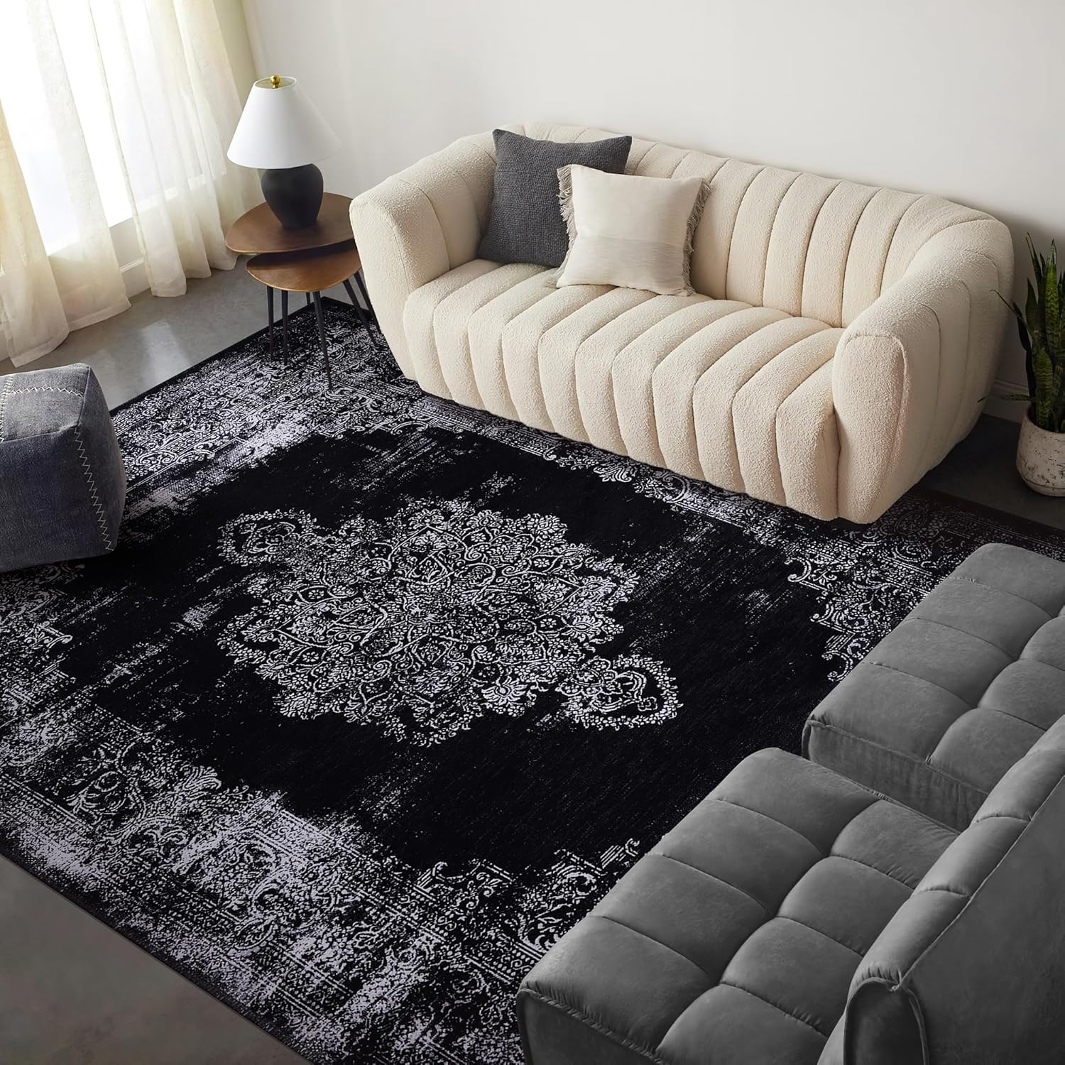 Kilim black and gray medallion washable rug by Netline Home with intricate medallion pattern and durable fabric.