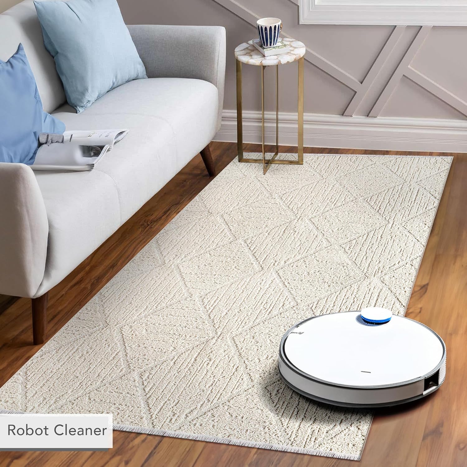 Beige fluffy Netline Home rug for living room, bedroom, or hallway, large shed-resistant carpet with soft texture and modern style.