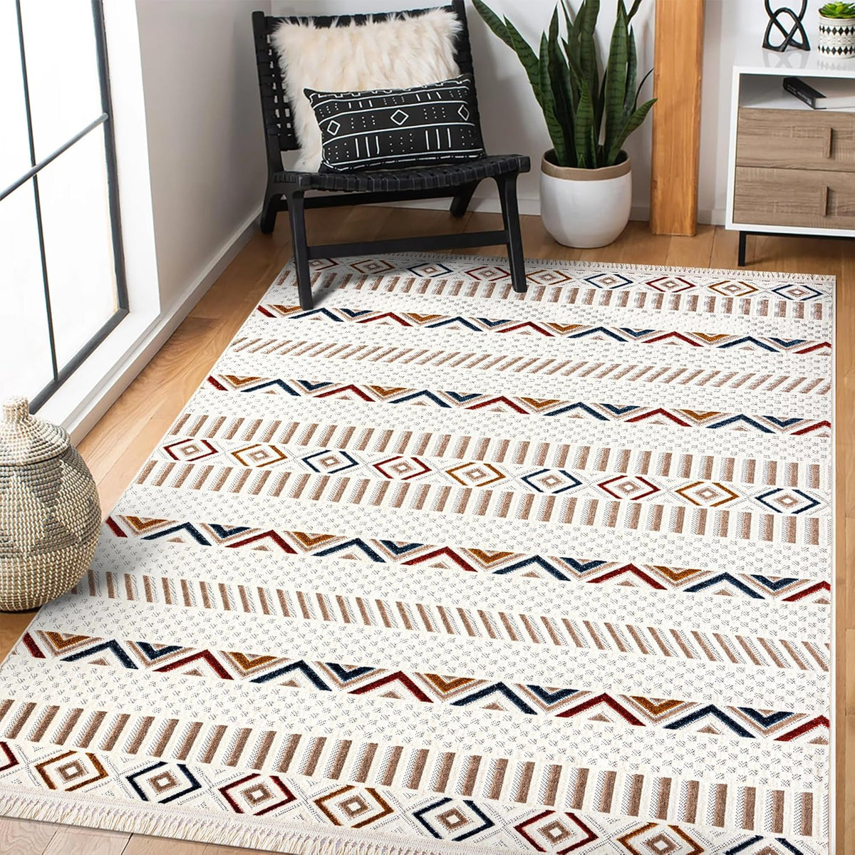 Soft beige Netline Home bohemian-style area rug for living room, bedroom, or hallway with low pile, durable, pet and kid-friendly.