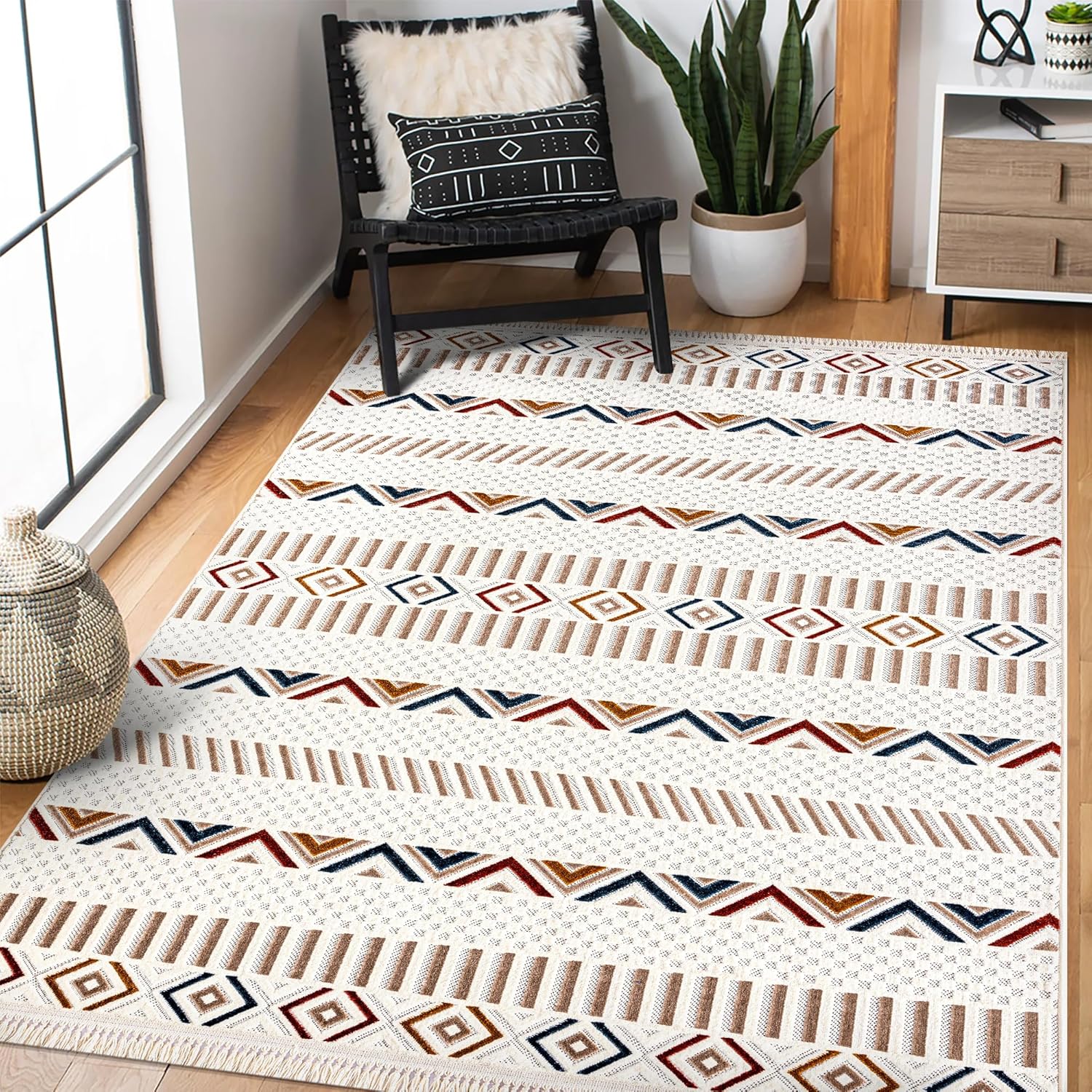 Soft beige Netline Home bohemian-style area rug for living room, bedroom, or hallway with low pile, durable, pet and kid-friendly.
