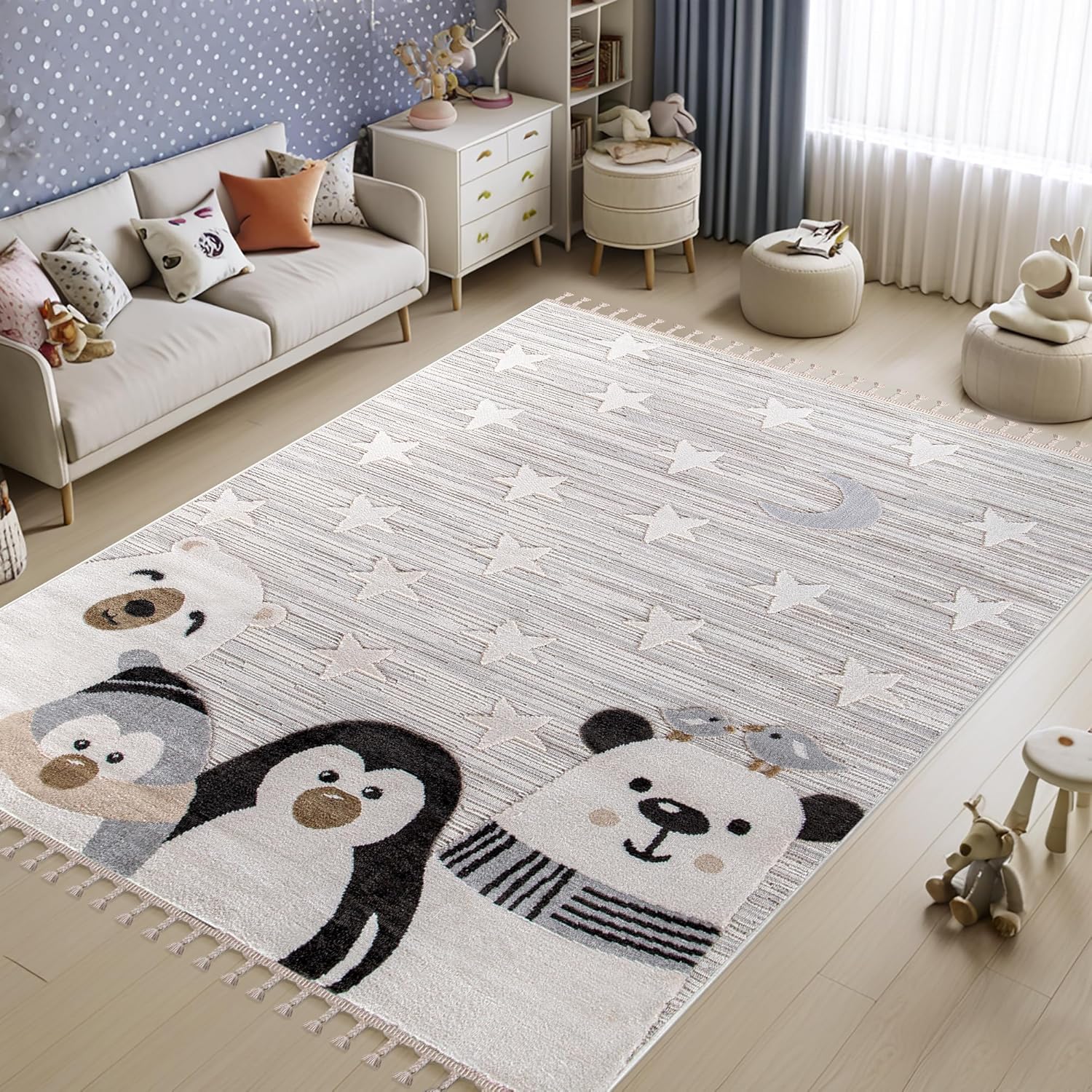Kids rug by Netline Home featuring soft gray cartoon design, non-shedding, hypoallergenic, pet-friendly, durable area rug for children's room