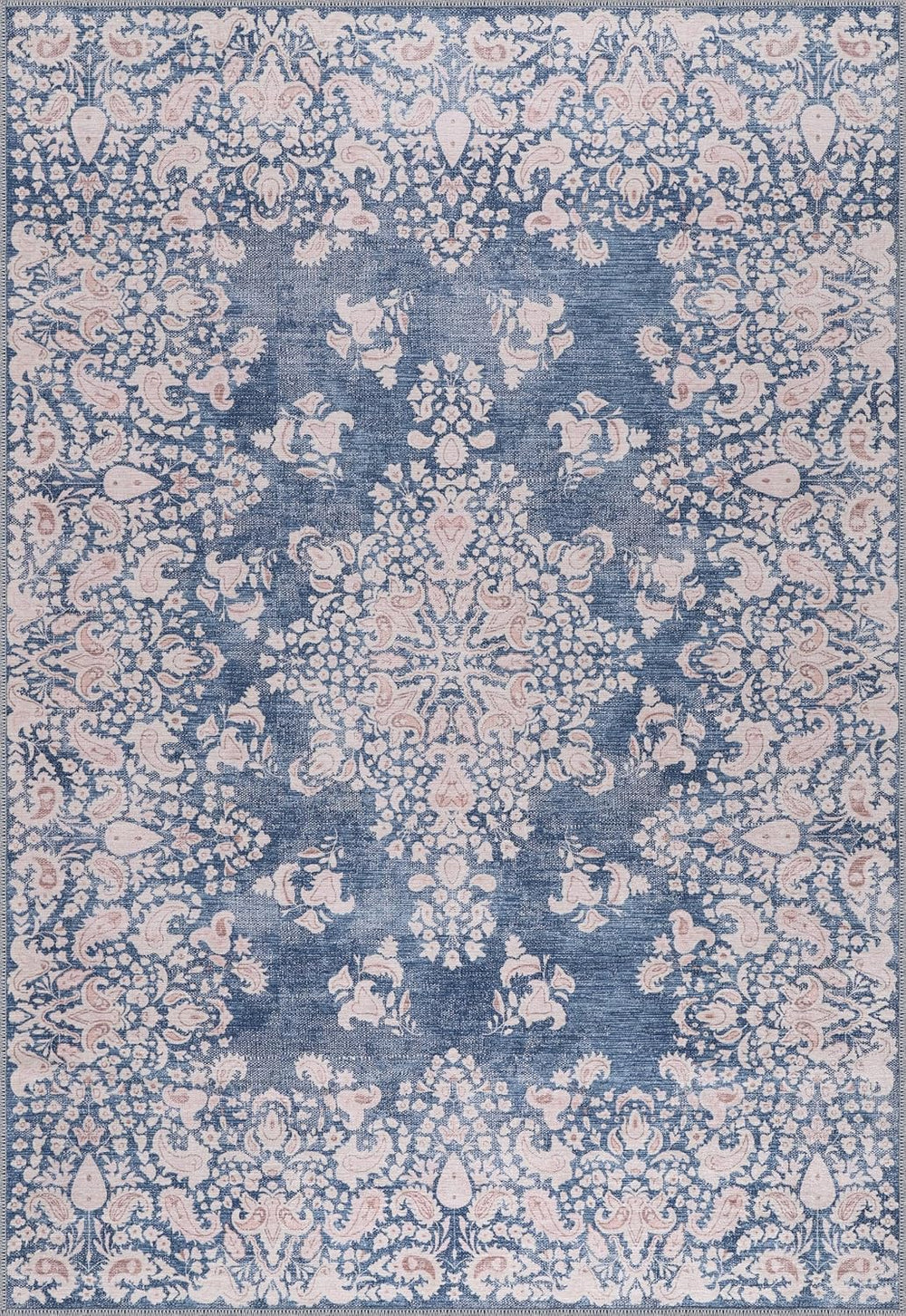 Blue machine washable runner rug by Netline Home with non-slip backing, 4mm low pile, suitable for living rooms, bedrooms, and kitchens.