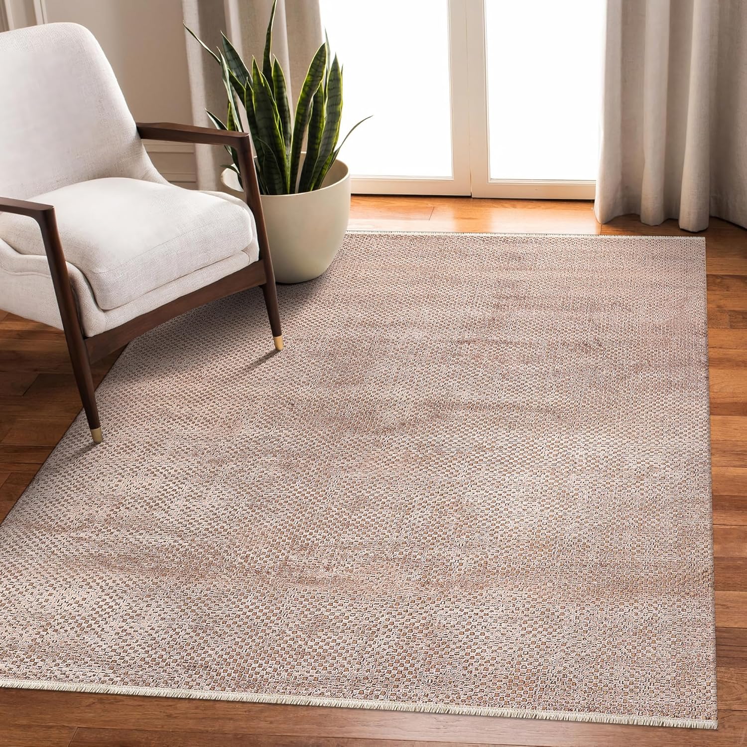 Brown luxury area rug by Netline Home featuring soft bamboo silk, modern and boho style, perfect for living rooms and bedrooms.