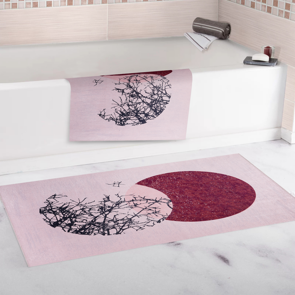 Black and white geometric patchwork washable rug by Netline Home, perfect for modern bathroom decor.