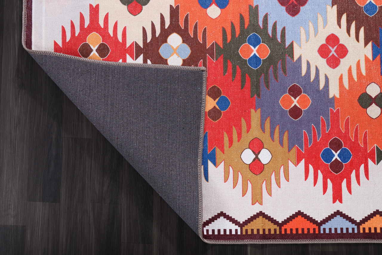 Multicolor washable Kilim rug with traditional Anatolian geometric design, ideal for living room, bedroom, or dining area.