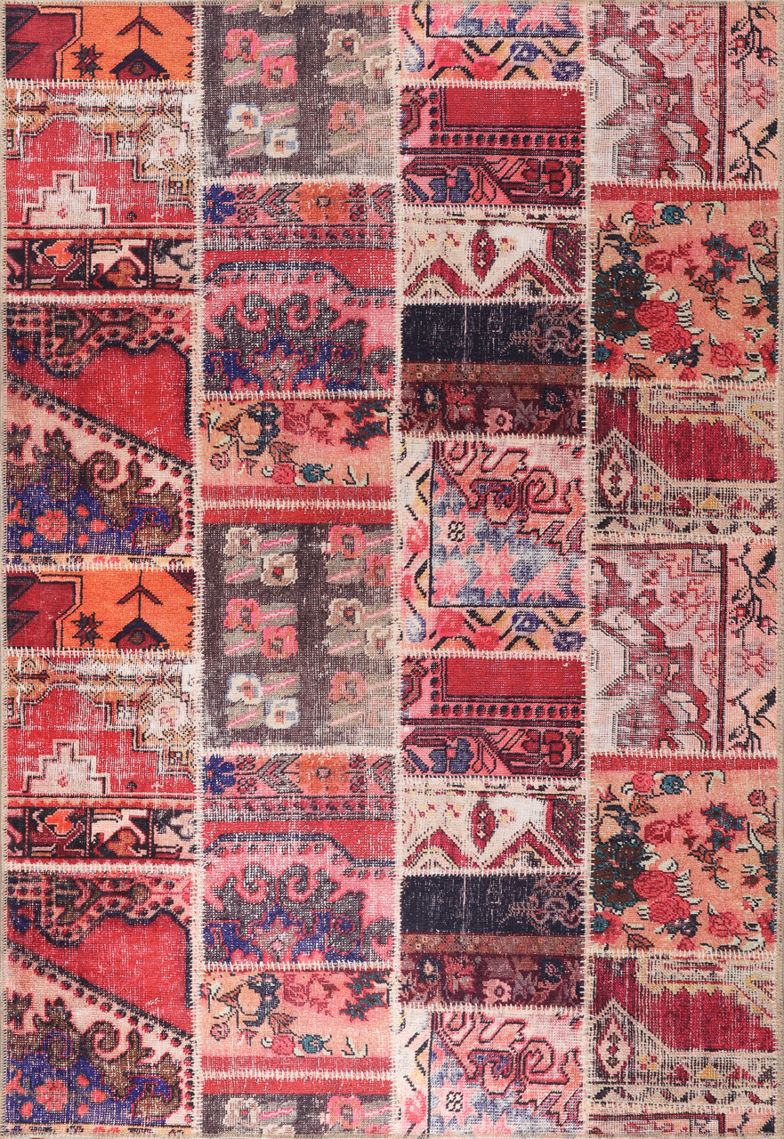 Red Kilim medallion patchwork washable rug by Netline Home featuring traditional design and vibrant colors.
