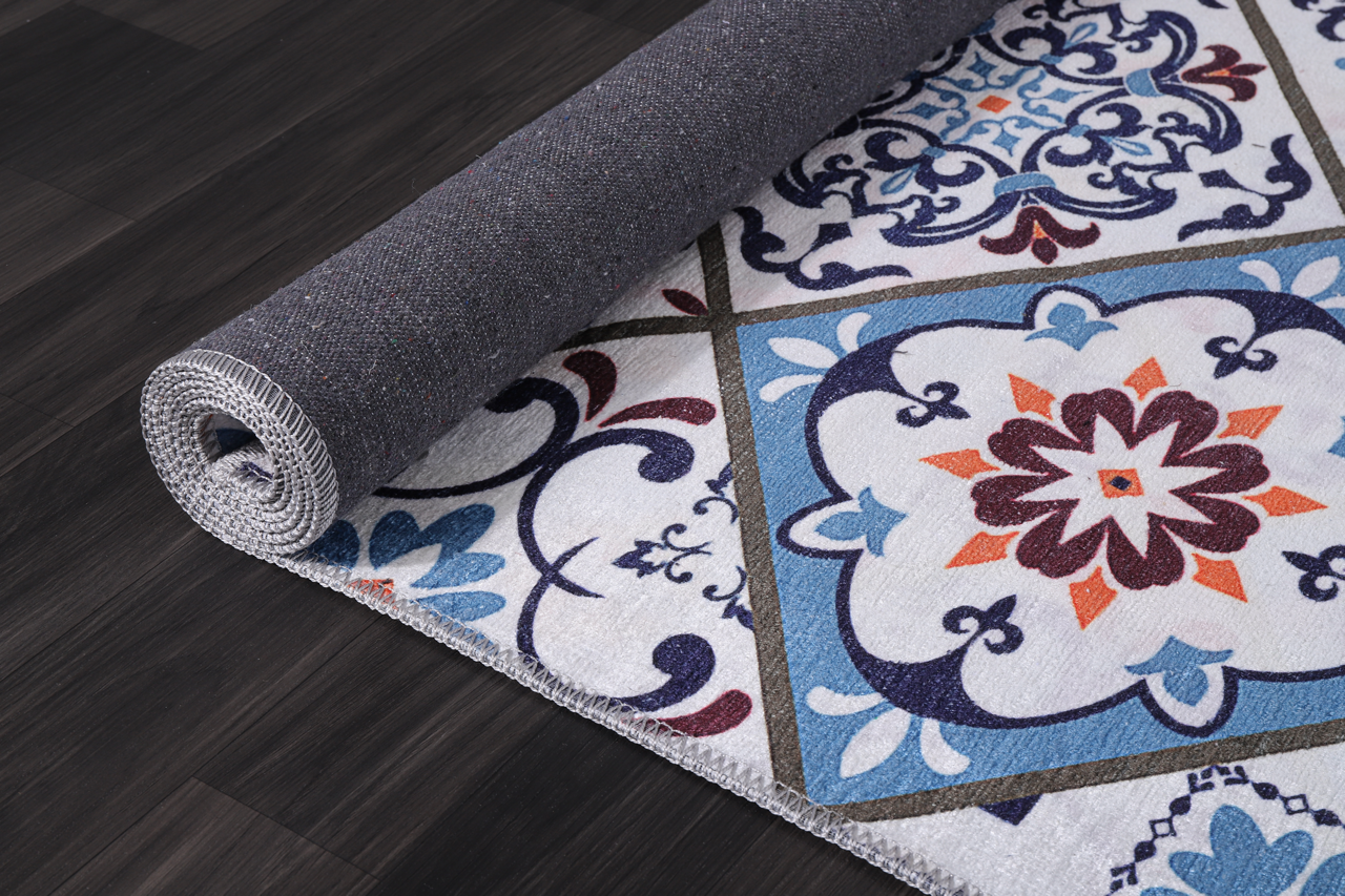 Modern beige floral washable rug by Netline Home featuring a stylish floral pattern and durable, easy-to-clean material.