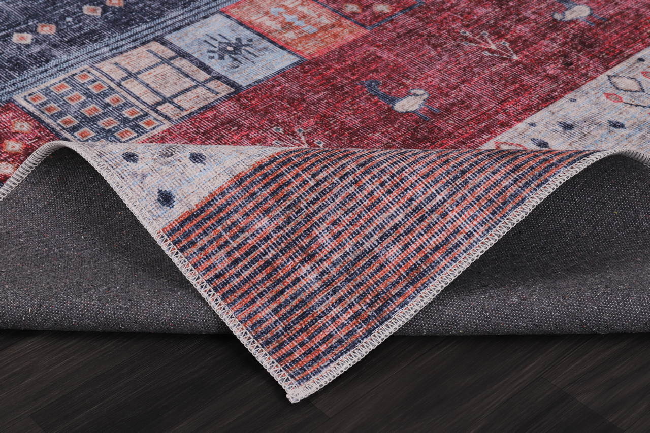 Machine washable Gabbeh rug with tribal striped design and symbolic motifs, ideal for living room, bedroom, or dining area.