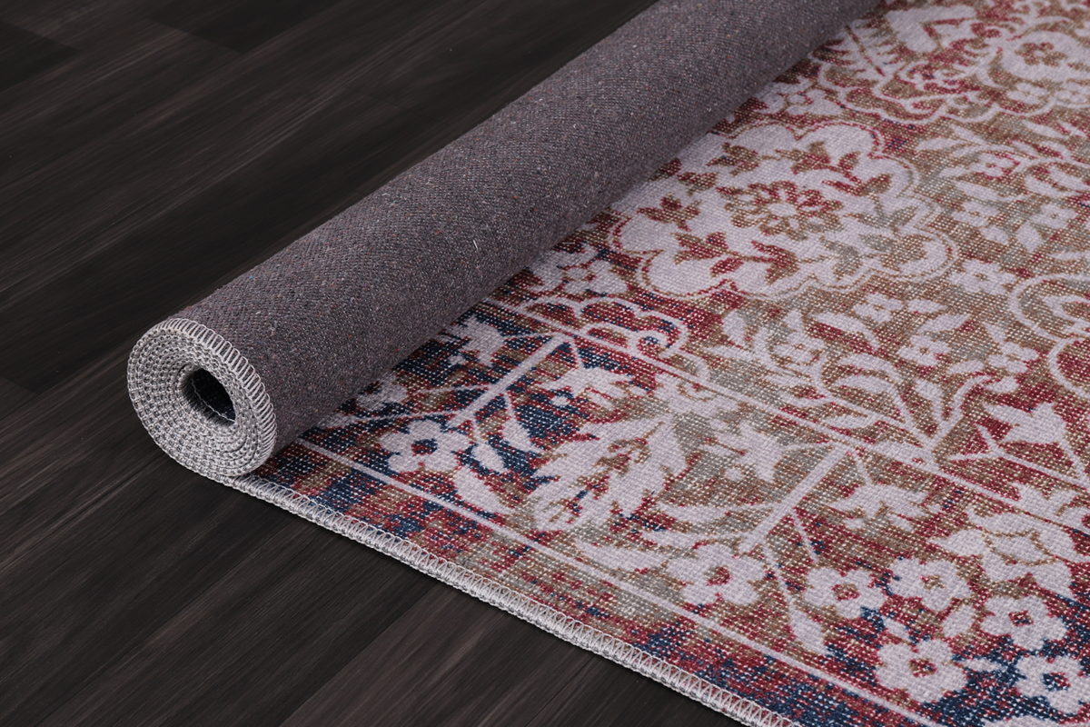 Red medallion washable Kilim rug by Netline Home with intricate geometric patterns and traditional design.