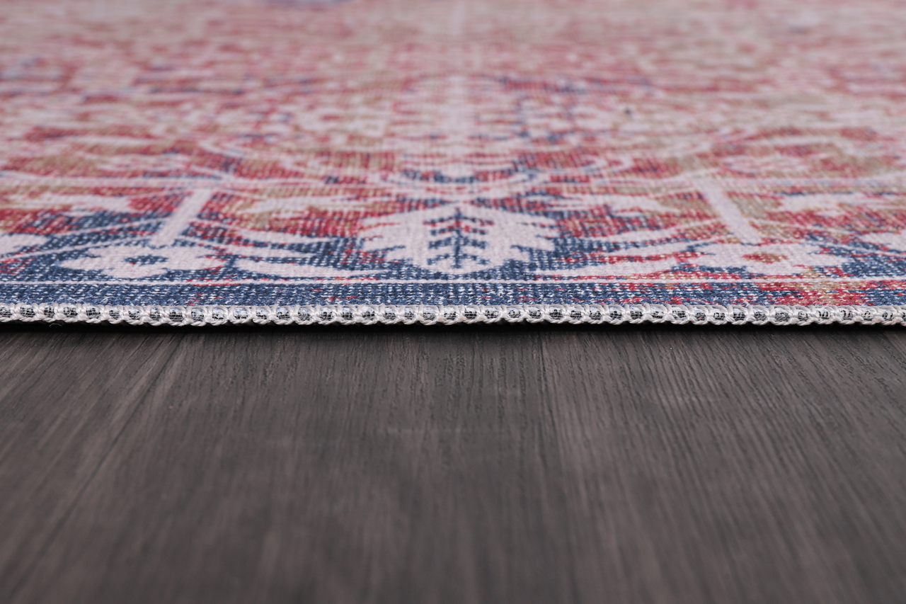 Red medallion washable Kilim rug by Netline Home with intricate patterns, ideal for adding traditional style to any space.