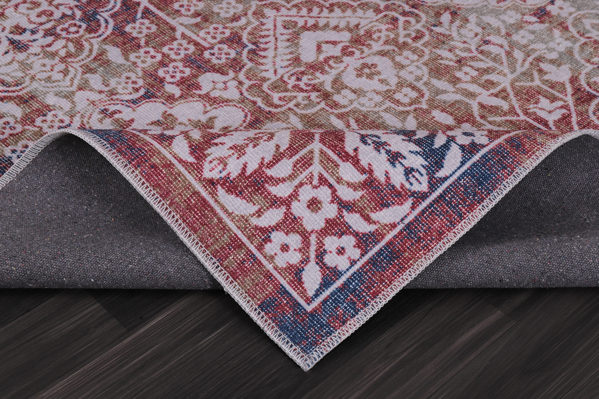 Red kilim washable rug with medallion design by Netline Home, featuring intricate patterns and vibrant colors.