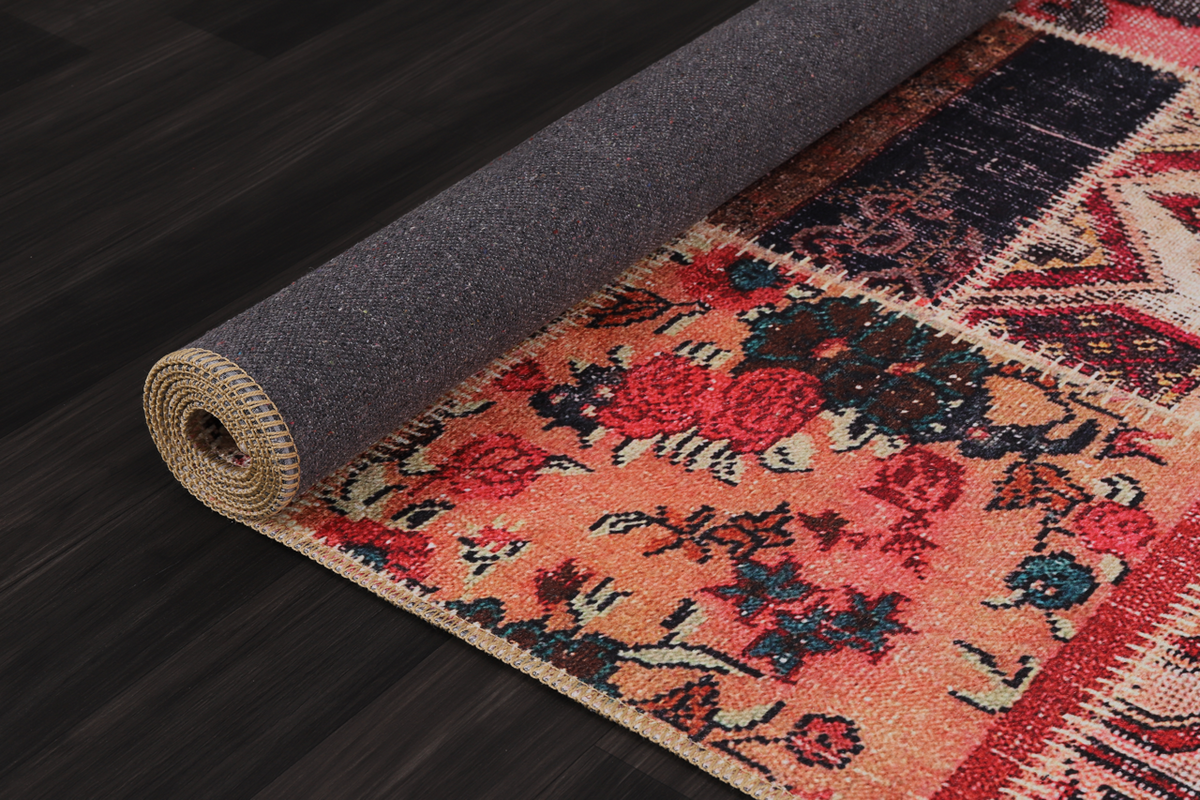 Red kilim washable rug with medallion patchwork design, featuring vibrant patterns and traditional craftsmanship by Netline Home.