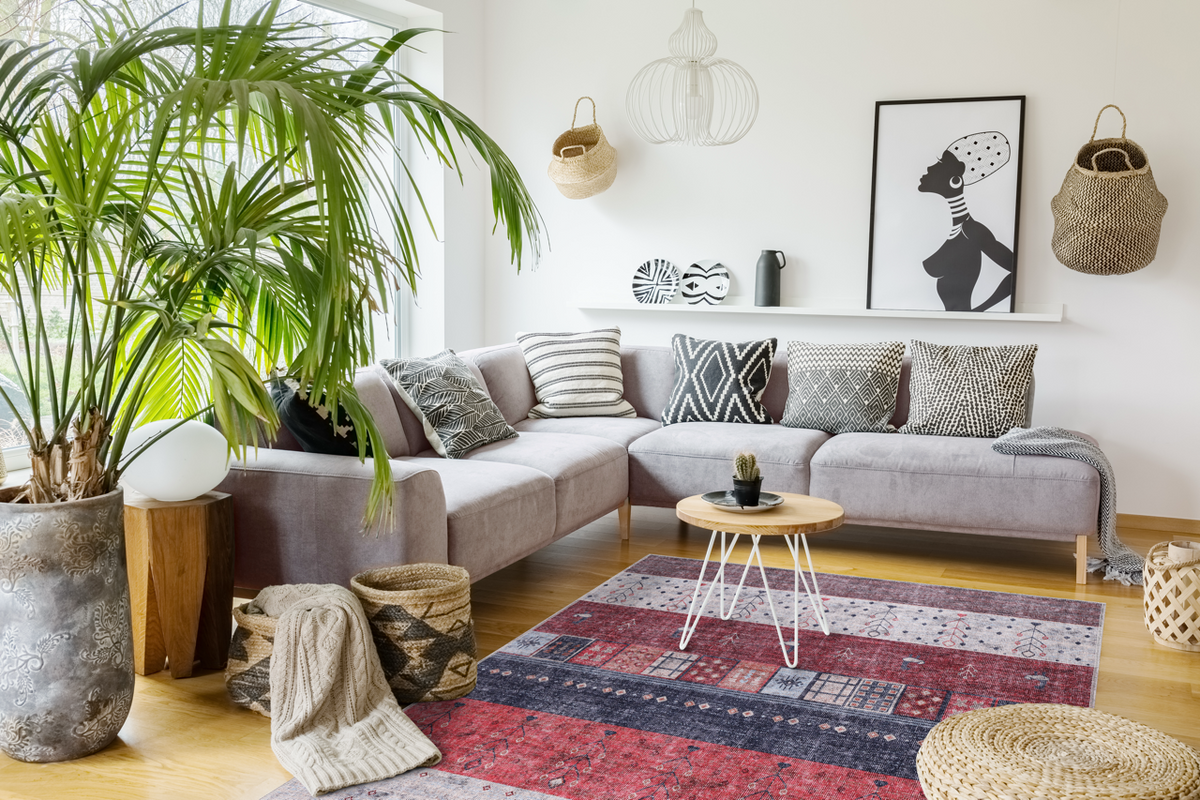 Machine washable Gabbeh rug by Netline Home featuring tribal striped oriental design with symbolic motifs for living room or bedroom.