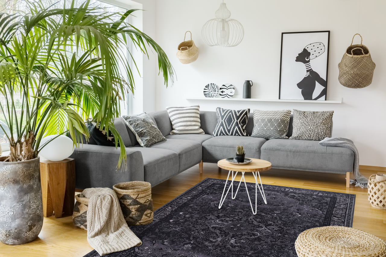 Black geometric medallion washable rug by Netline Home featuring tribal-inspired design and durable, easy-to-clean fabric.