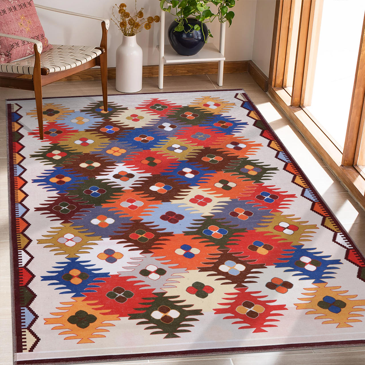 Colorful multicolor washable Kilim rug featuring traditional Anatolian geometric patterns, ideal for living rooms, bedrooms, and dining areas.