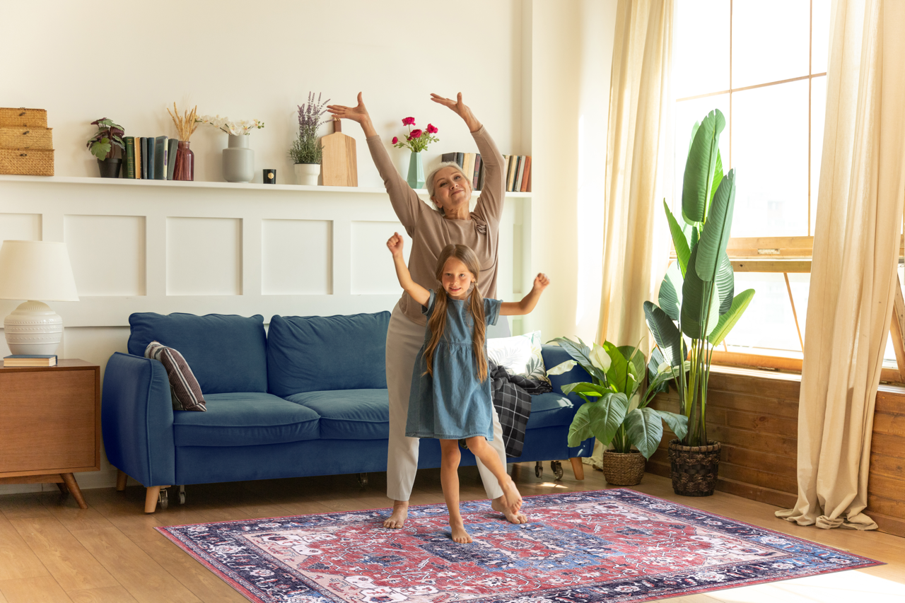 Multicolor tribal medallion washable rug by Netline Home featuring vibrant geometric patterns on a soft fabric surface.