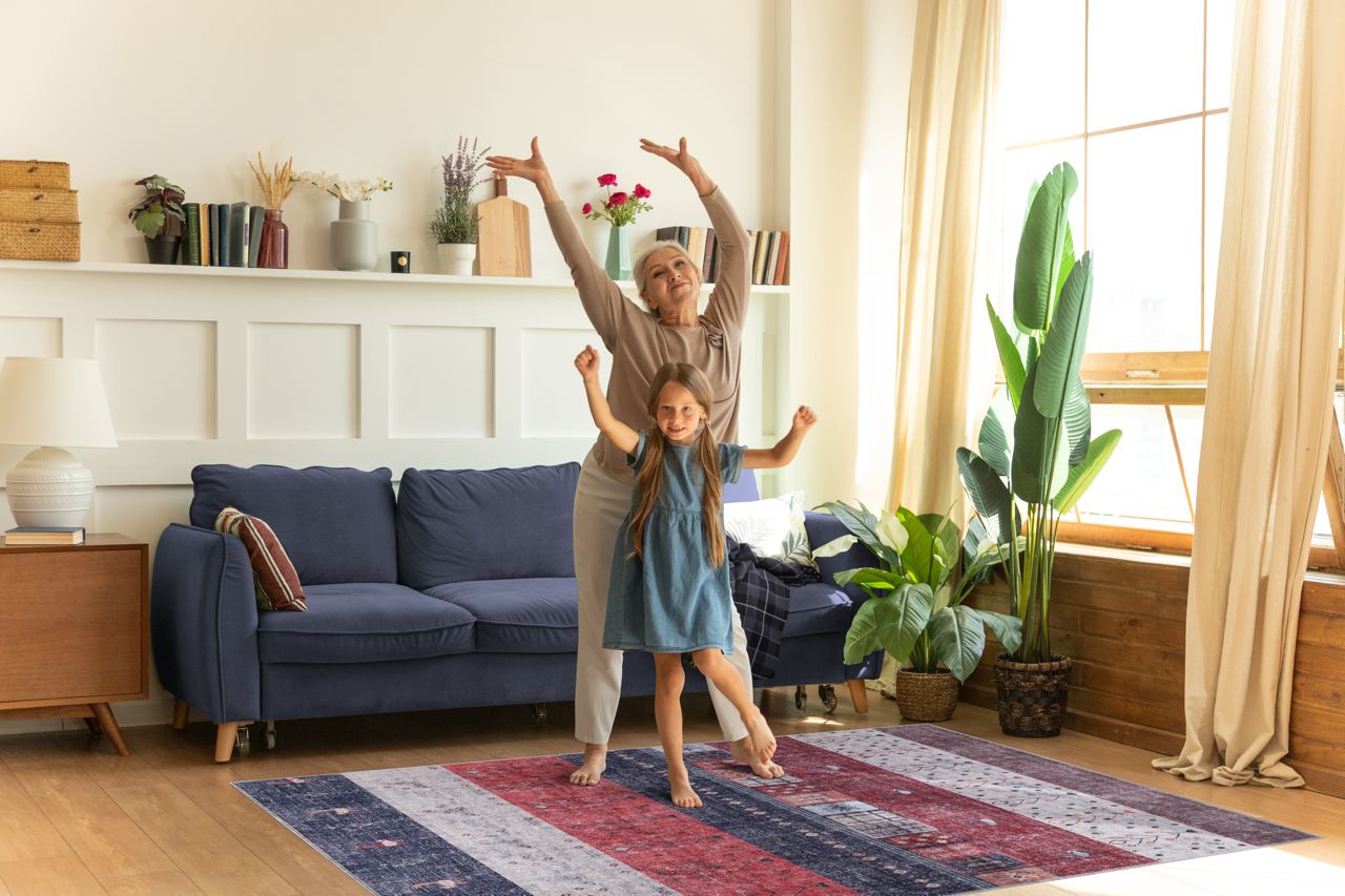 Machine washable Gabbeh rug with tribal striped oriental design and symbolic motifs, ideal for living room, bedroom, or dining area.