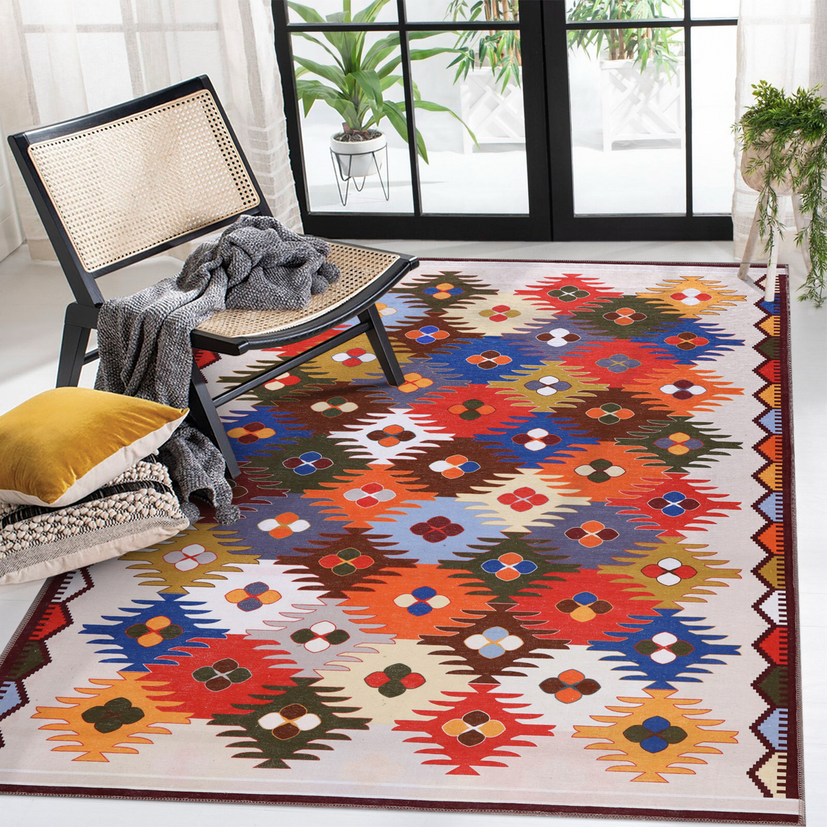 Colorful NH303 washable kilim rug featuring traditional Anatolian geometric pattern for living room, bedroom, or dining space.