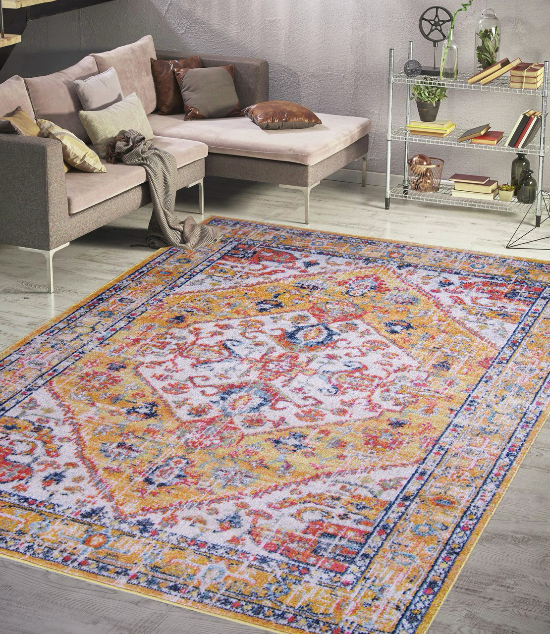 Vintage Bohemian area rug by Netline Home featuring mustard and rust tones with intricate patterns.