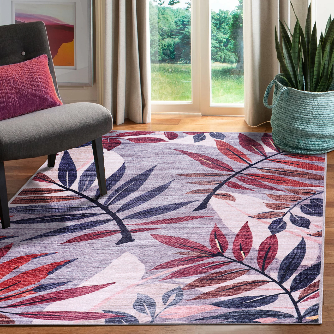 Modern beige floral washable rug from Netline Home featuring a stylish floral design on durable, easy-to-clean fabric.