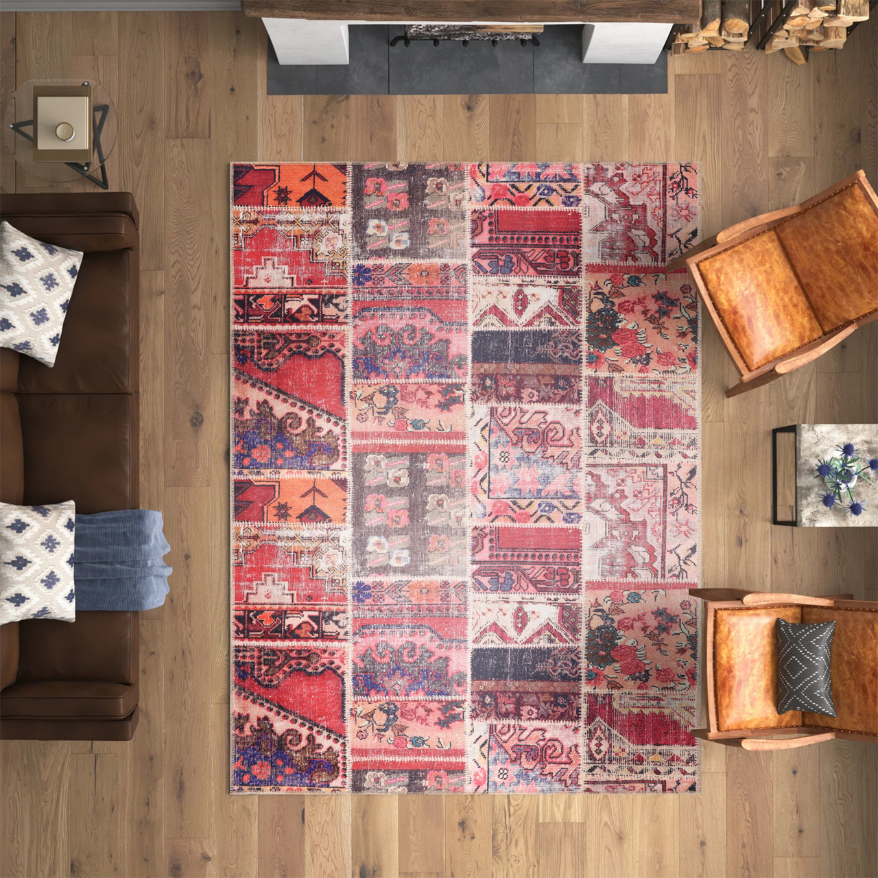 Colorful kilim washable rug with red medallion patchwork design by Netline Home, featuring intricate patterns and vibrant hues.