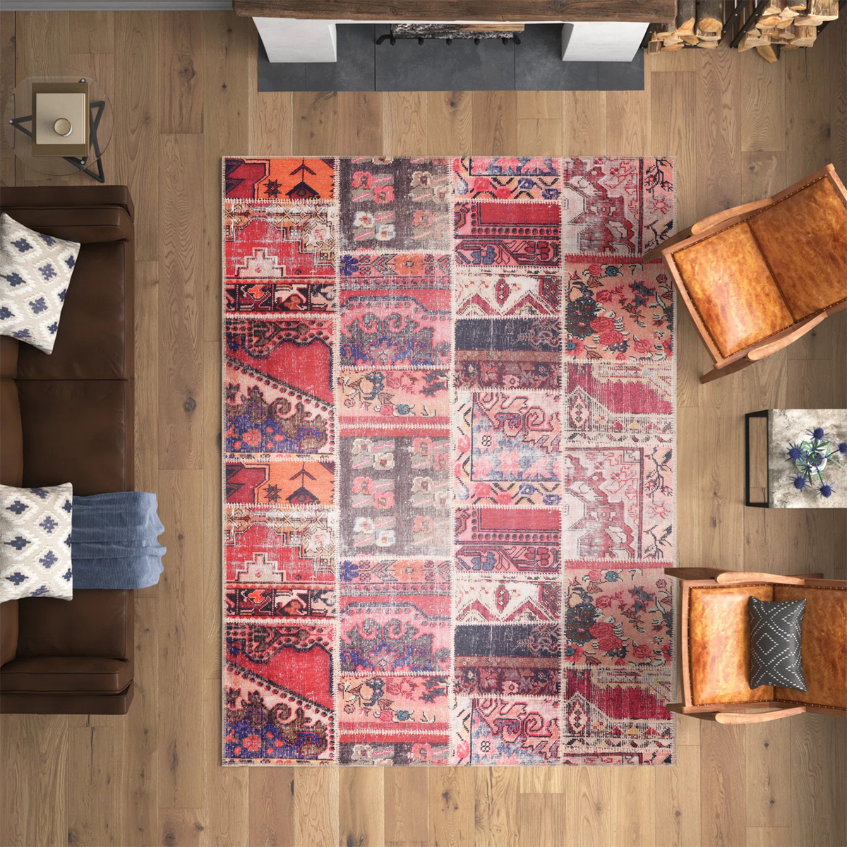 Colorful kilim washable rug with red medallion patchwork design by Netline Home, featuring intricate patterns and vibrant hues.