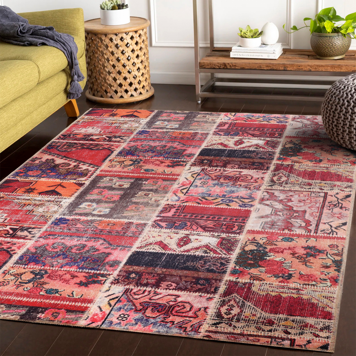 Red medallion patchwork washable Kilim rug by Netline Home, featuring intricate patterns and vibrant colors.