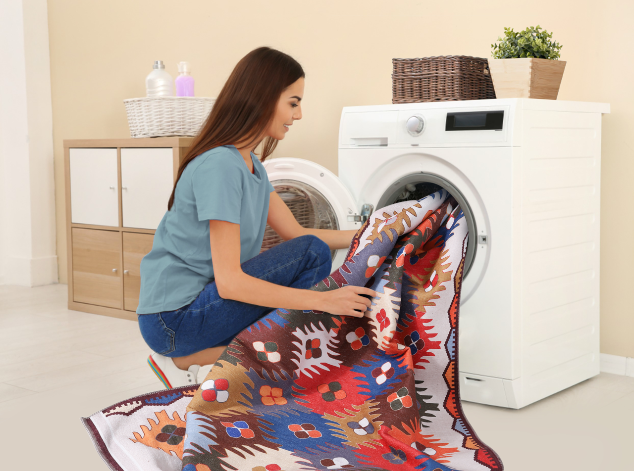Multicolor NH303 washable Kilim rug with traditional Anatolian geometric design, suitable for living room, bedroom, or dining area.