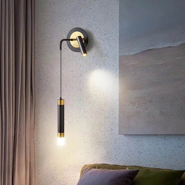 Bold gold wall lamp with integrated reading light, featuring LED warm white lighting, by Light My House.