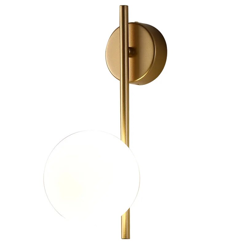 Gold globe wall lamp by Light My House, elegant bedroom and living room light fixture with a modern spherical design.