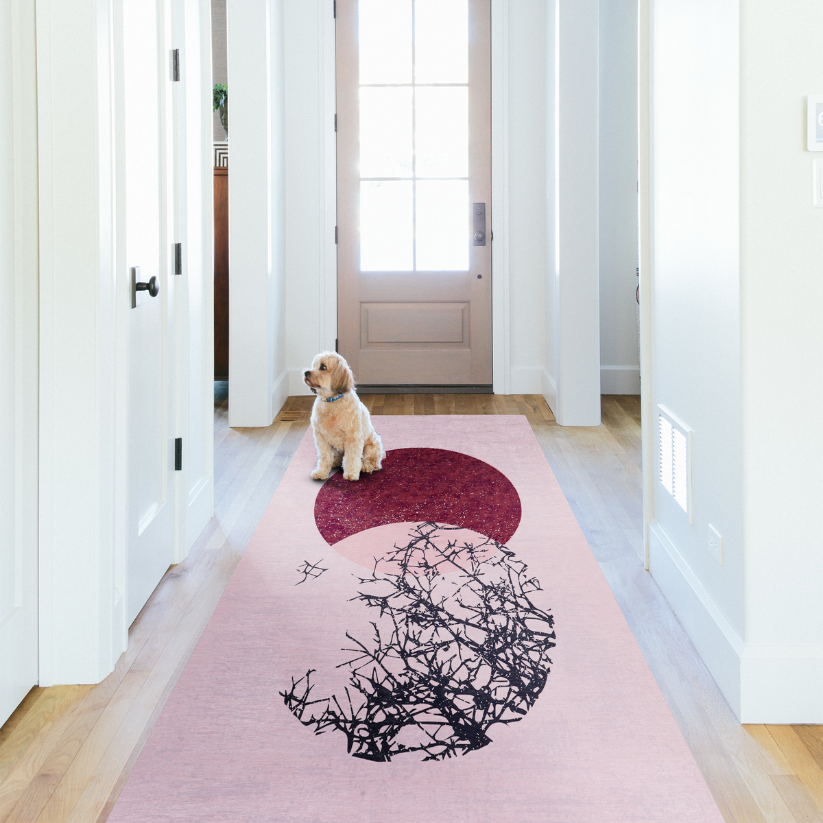 Black and white geometric patchwork washable rug by Netline Home, featuring bold patterns and a soft, durable surface.