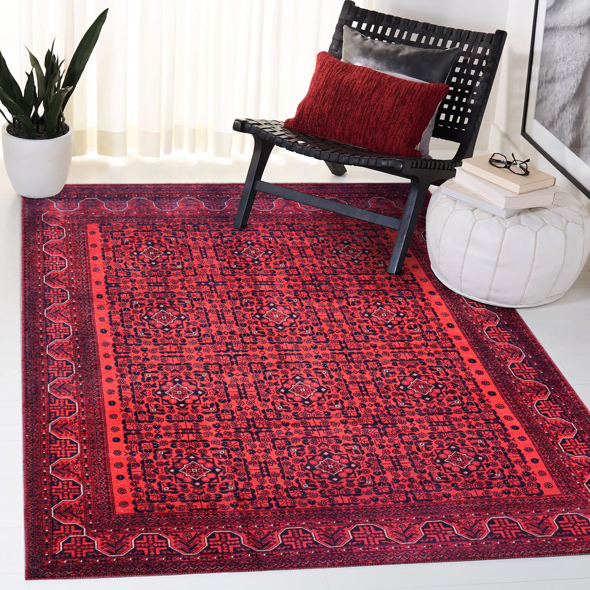 Machine washable Bokhara red rug by Netline Home with classic geometric oriental pattern, ideal for living rooms and bedrooms.