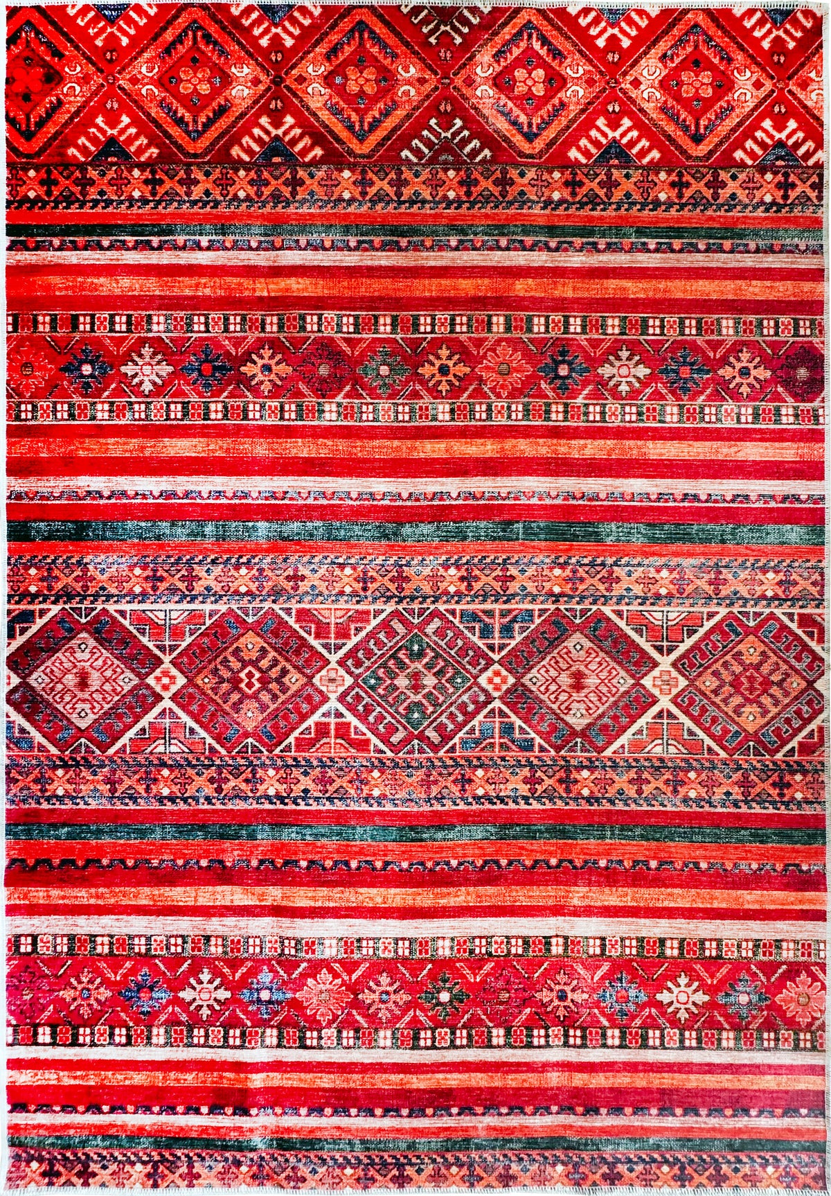Red tribal Kilim rug by Netline Home with geometric striped pattern, machine washable multicolor carpet for living room or bedroom.