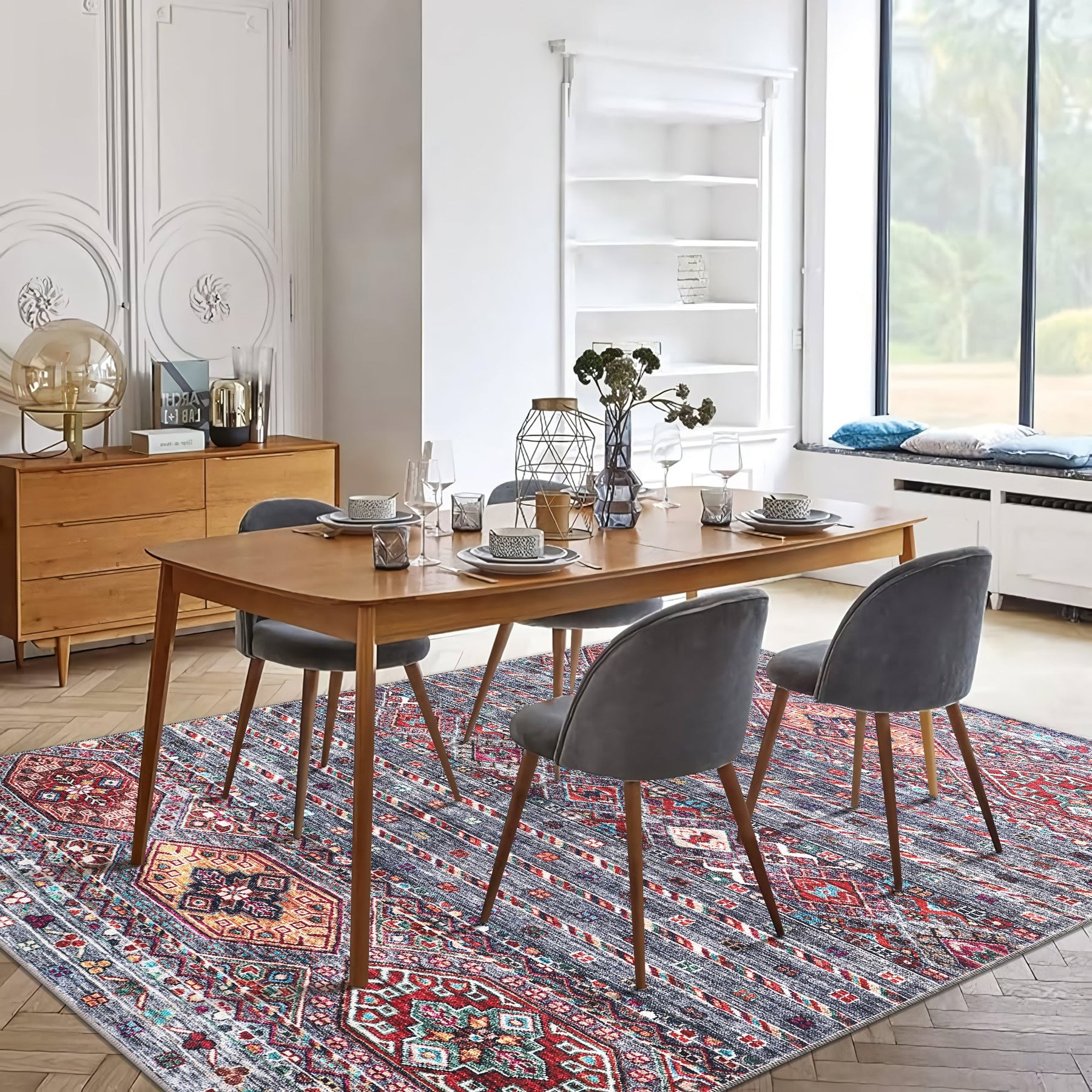 Multicolor tribal diamond pattern washable rug by Netline Home, bohemian kilim-style carpet for living room, bedroom, or office.