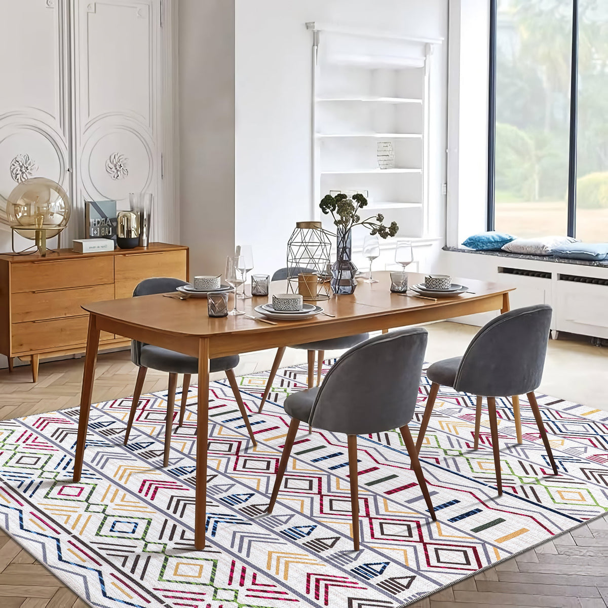 Red Kilim medallion washable rug by Netline Home with intricate geometric design, ideal for dining or living spaces.
