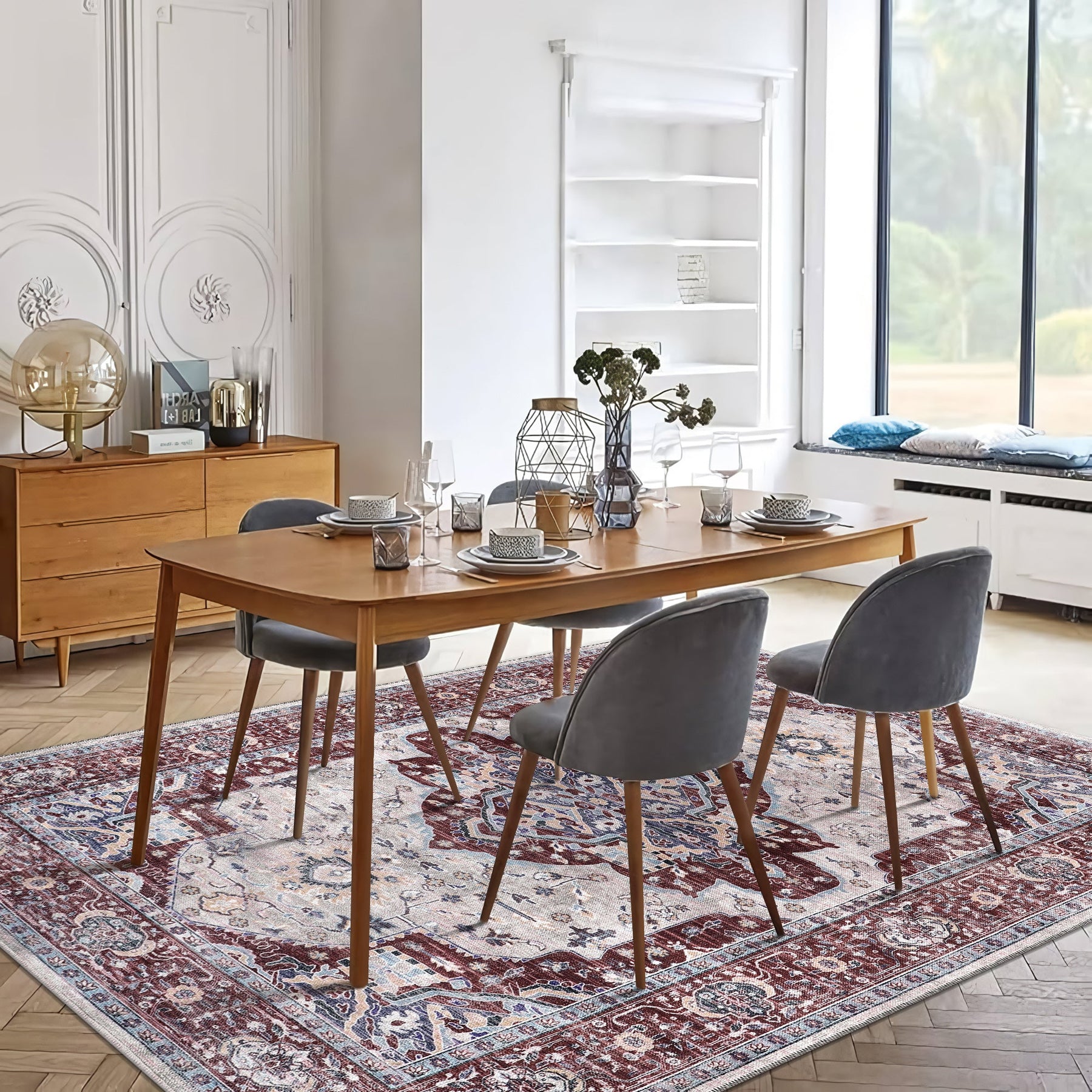 Machine washable Persian medallion rug by Netline Home featuring traditional oriental vintage design for living, bedroom, or dining room.